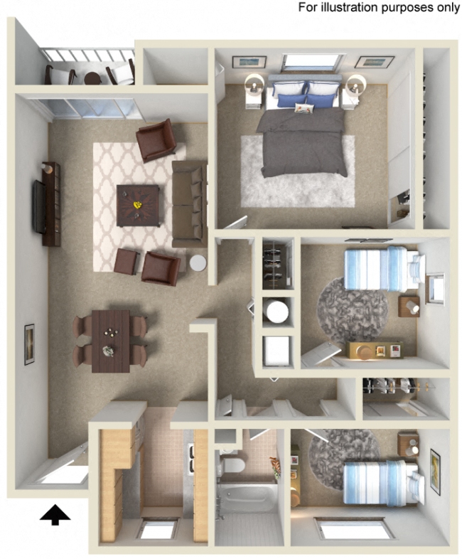 Floor plan for 3 beds, 1 bath, 960 sqft